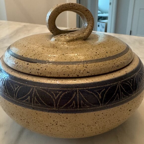 Stoneware Pottery Container Jar with Looped handle Lid Pot Canister SIGNED JIM